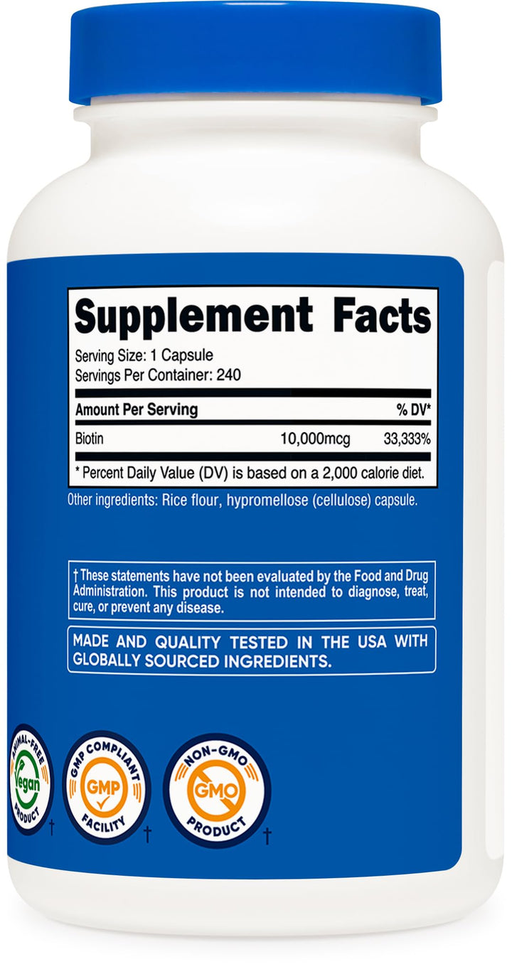 Biotin (Vitamin B7) 10,000mcg (10mg) Vitamin Supplement, 240 Capsules - Vegetarian, Gluten Free, Quick Release, Non-GMO