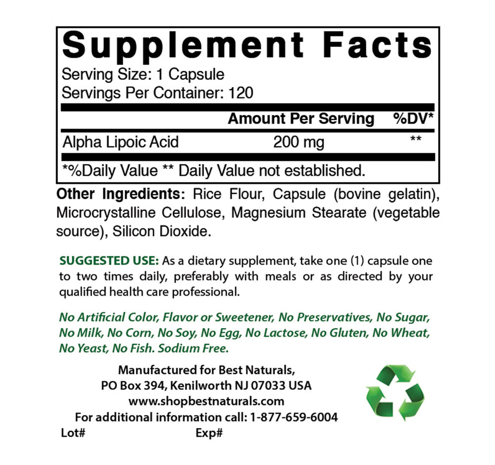 Best Naturals Alpha Lipoic Acid 200 Mg 120 Capsules