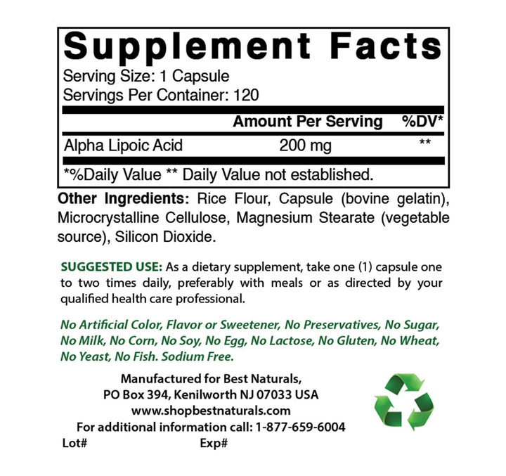 Best Naturals Alpha Lipoic Acid 200 Mg 120 Capsules