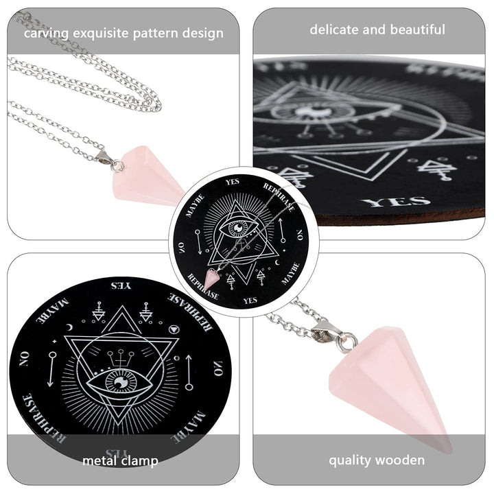 Wooden Pendulum Board Dowsing Divination Pendulum Witchcraft Altar Supplies with Crystal Necklace and Wooden Pendulum Board Metaphysical Message Board Kit, 3.9 Inch(Black)