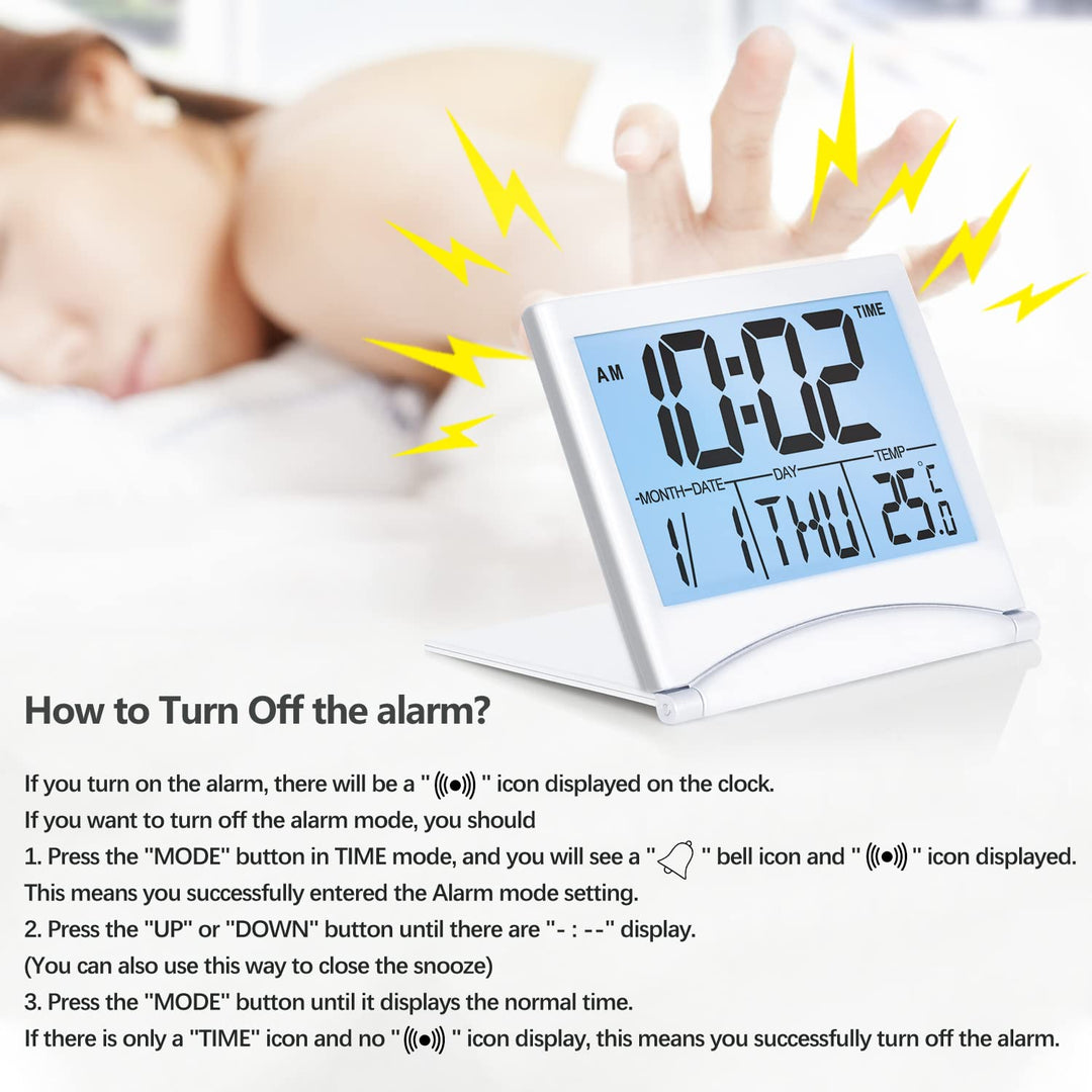 Digital Travel Alarm Clock with White Backlight - Foldable Calendar Temperature Timer LCD Clock with Snooze Mode - Large Number Display, Battery Operated - Compact Desk Clock for All Ages