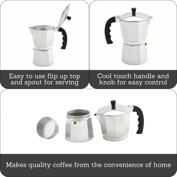 USA Aluminum Stovetop 6-cup Espresso Maker (B120-43V), Silver
