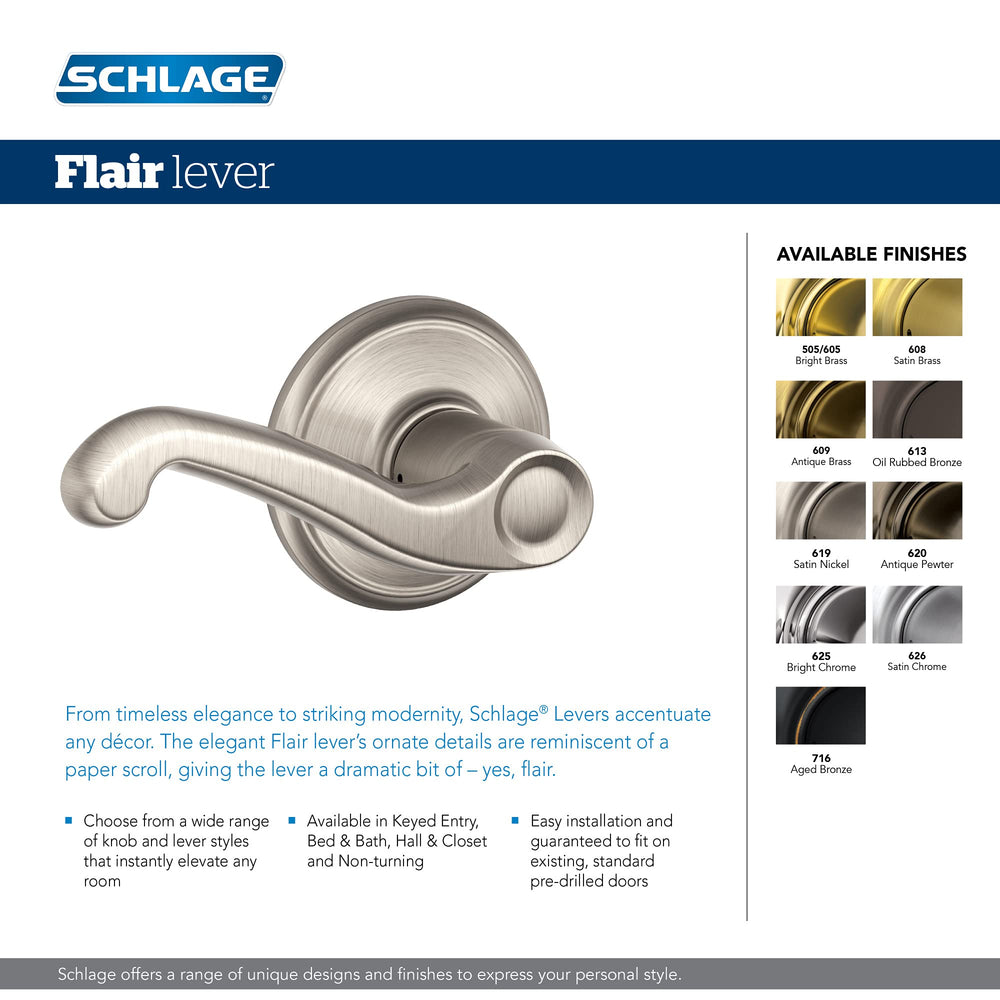 Schlage F170FLA619RH Flair Right Hand Dummy Lever, Satin Nickel