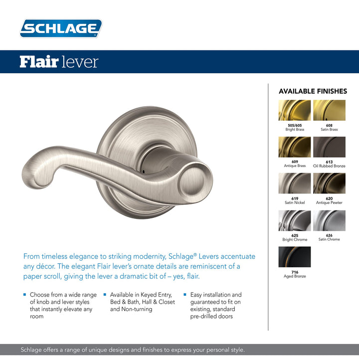 Schlage F170FLA619RH Flair Right Hand Dummy Lever, Satin Nickel