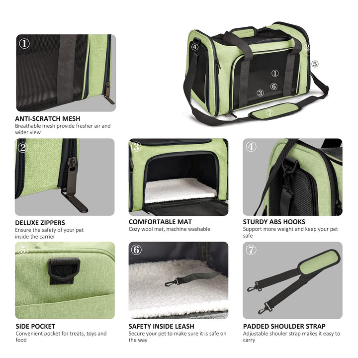 Pet Carrier for Small Medium Cats Dogs Puppies up to 15 Lbs, Airline Approved Small Dog Carrier Soft Sided, Collapsible Travel Puppy Carrier - Green