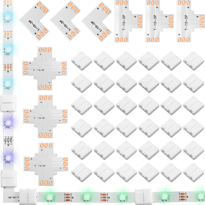 48 Pieces 3 Pin 10 mm LED Strip Connector Kit Includes Gapless Connector L Shape LED Light Corner Connector X Shape and T Shaped LED Adapter Connector for WS2811 WS2812B SK6812 No Soldering LED Strip