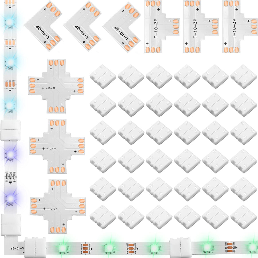 48 Pieces 3 Pin 10 mm LED Strip Connector Kit Includes Gapless Connector L Shape LED Light Corner Connector X Shape and T Shaped LED Adapter Connector for WS2811 WS2812B SK6812 No Soldering LED Strip