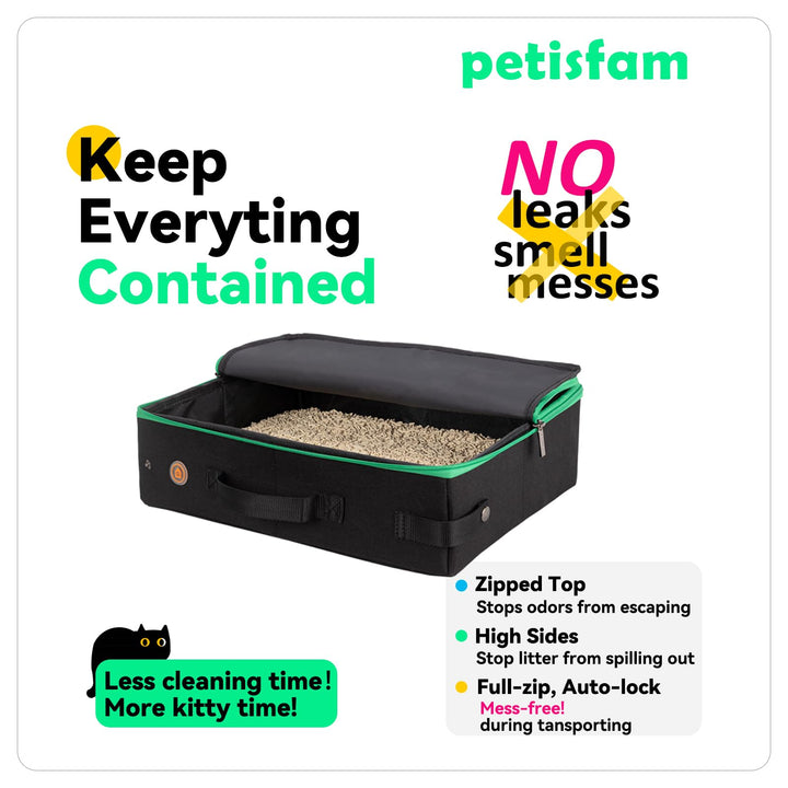 Portable Cat Travel Litter Box. No Leakage, Smell and Messes. One-Handed Carrying for Road Trip, Hotel Stays, Car and Airplane