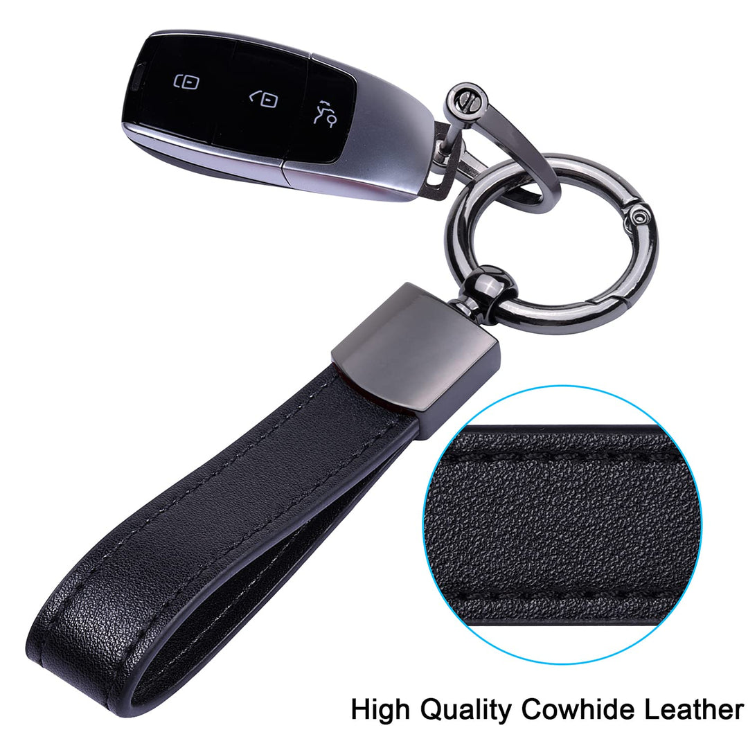 Genuine Leather Car Keychain, Universal Key Fob Keychain Leather Key Chain Holder for Men and Women, 360 Degree Rotatable, with Anti-lost D-ring, 3 Keyrings and 1 Screwdriver - Black