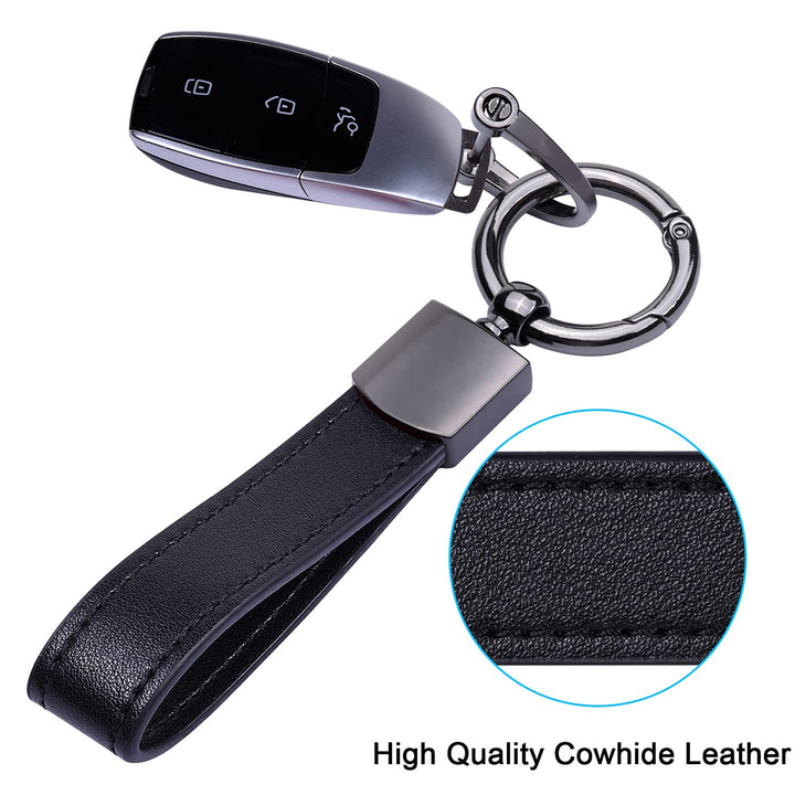 Genuine Leather Car Keychain, Universal Key Fob Keychain Leather Key Chain Holder for Men and Women, 360 Degree Rotatable, with Anti-lost D-ring, 3 Keyrings and 1 Screwdriver - Black