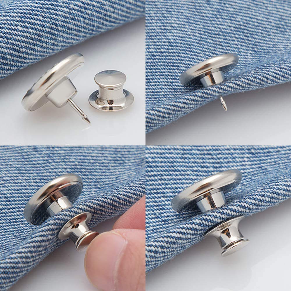 6PCS Perfect Fit Instant Button Pin, Instant jeans Buttons tightener, Jean Replacement Buttons Removable Button for loose jeans No Sew Buttons to Extend or Reduce an Inch to Any Pants Waist in Seconds
