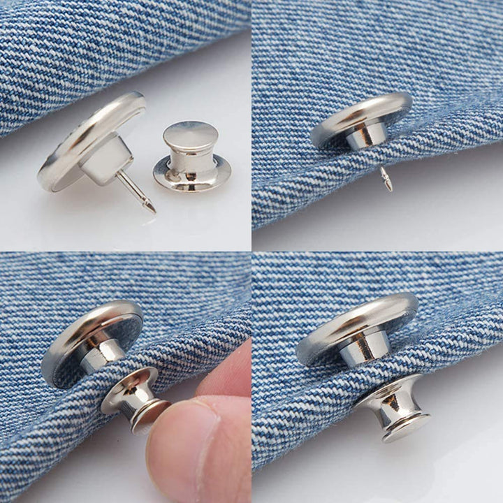 6PCS Perfect Fit Instant Button Pin, Instant jeans Buttons tightener, Jean Replacement Buttons Removable Button for loose jeans No Sew Buttons to Extend or Reduce an Inch to Any Pants Waist in Seconds