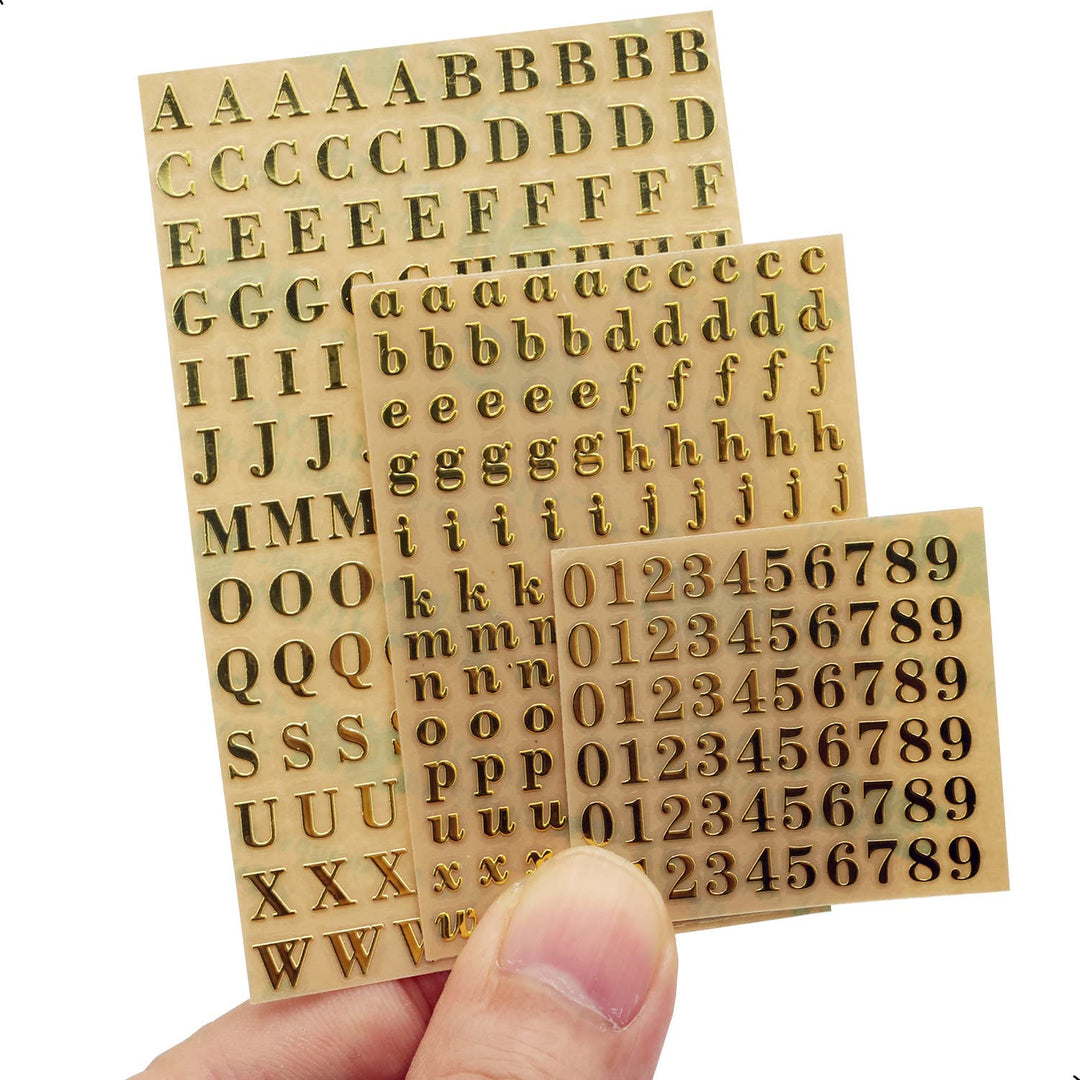 6 Sheets Small 0.18 inch Alphabet Number Stickers Mini Letters Stickers Glitter Alloy Self Adhesive Letters Stickers for Epoxy Resin Casting Decoration DIY Crafts Scrapbook, Gold/Silver (4.5mm)