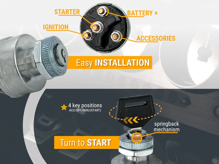 4-Position Universal Ignition Key Switch for 12V Car, Truck, Tractor, Trailer, Forklift - Acc/Off/IGN/(Start)
