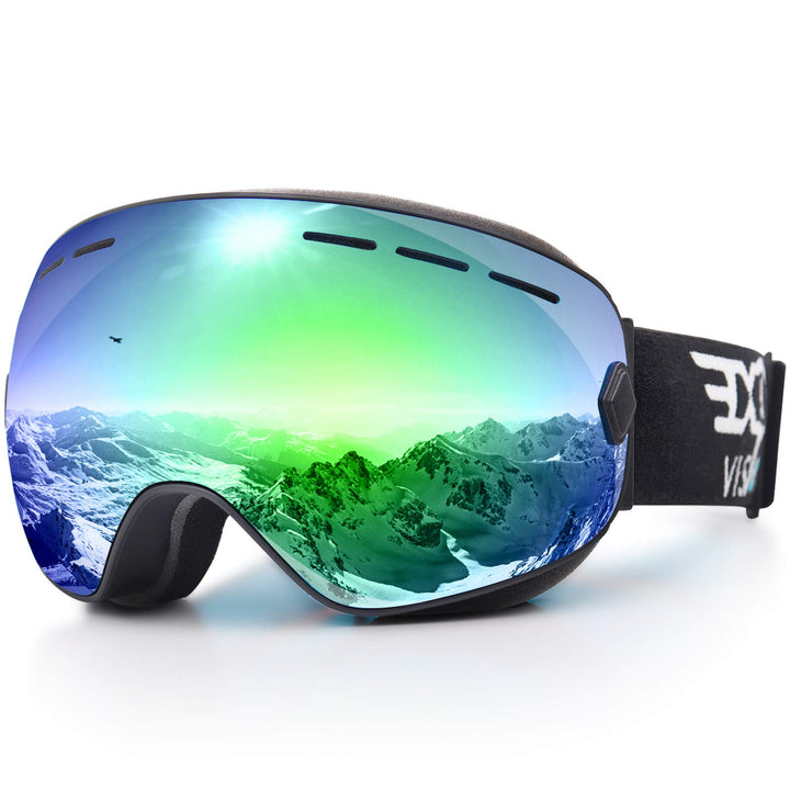 Snowboard Ski Goggles Men Women Youth, Anti Fog OTG Winter Snow Goggles Spherical Detachable Lens (Green)