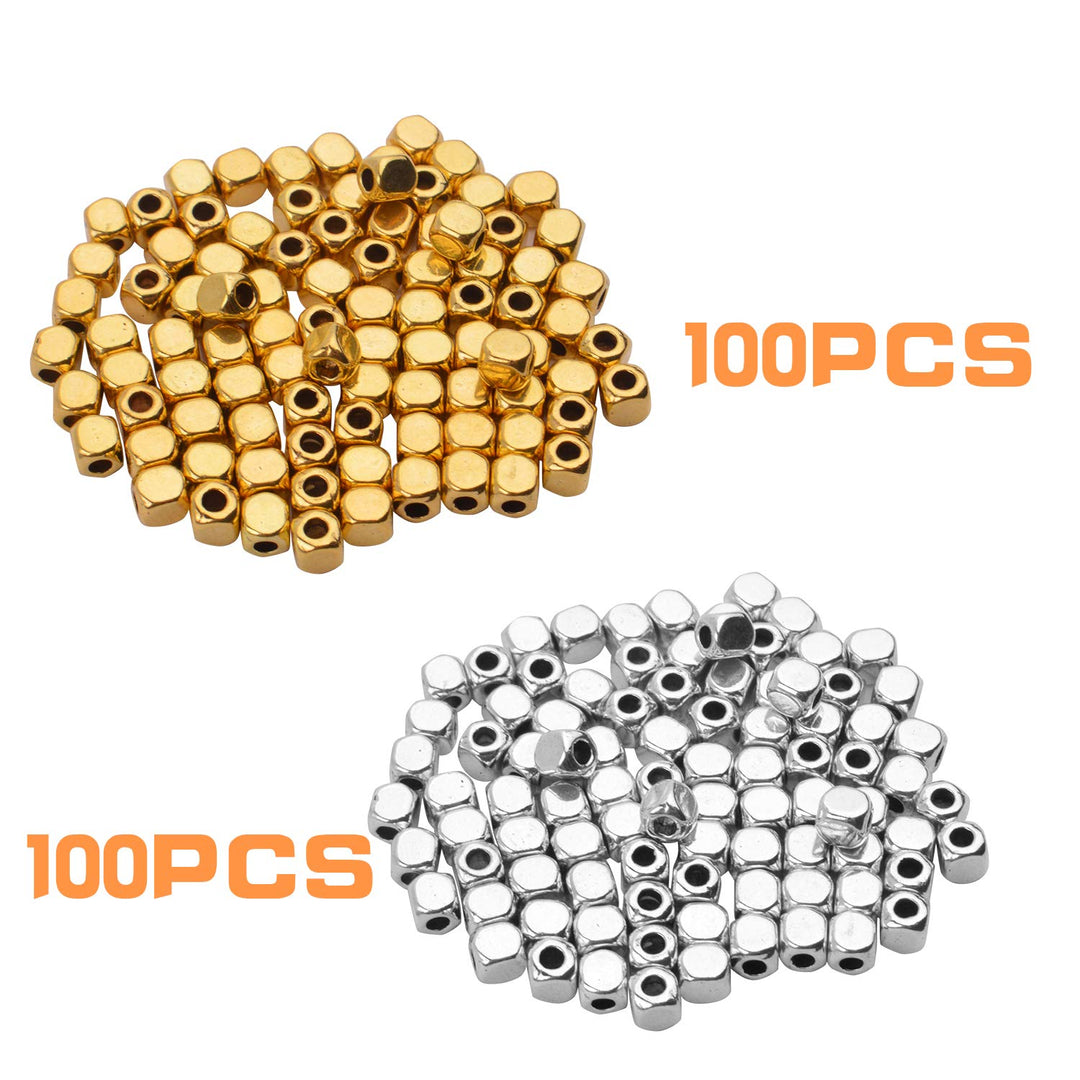 200pcs 3.5mm Cube Beads Square Spacer Beads Jewelry Findings for Bracelets Crafts DIY,Gold and Silver