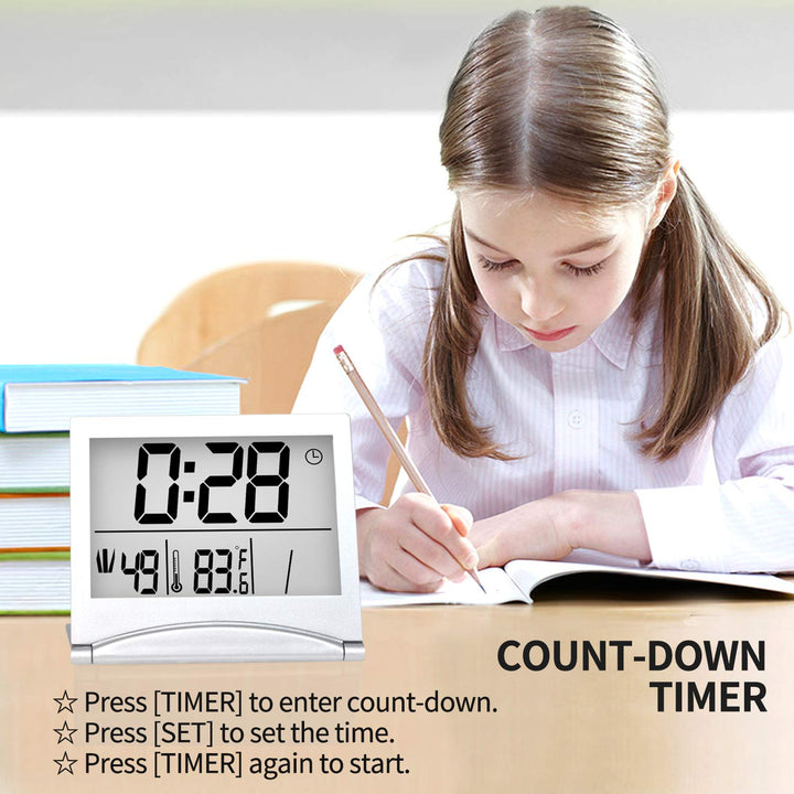 Digital Travel Alarm Clock - Foldable Calendar Temperature Timer LCD Clock with Snooze Mode - Large Number Display, Battery Operated - Compact Desk Clock(Silver, No Backlight)