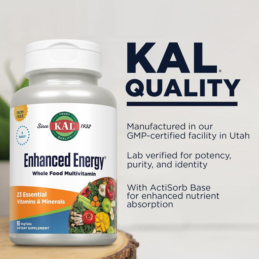 Enhanced Energy Supplements, 3 Daily - Whole Food Multivitamin for Women and Men, Iron Free - 23 Essential Vitamins, Minerals, Super Foods, Digestive Enzymes, 60-Day Guarantee, 30 Serv, 90 VegTabs