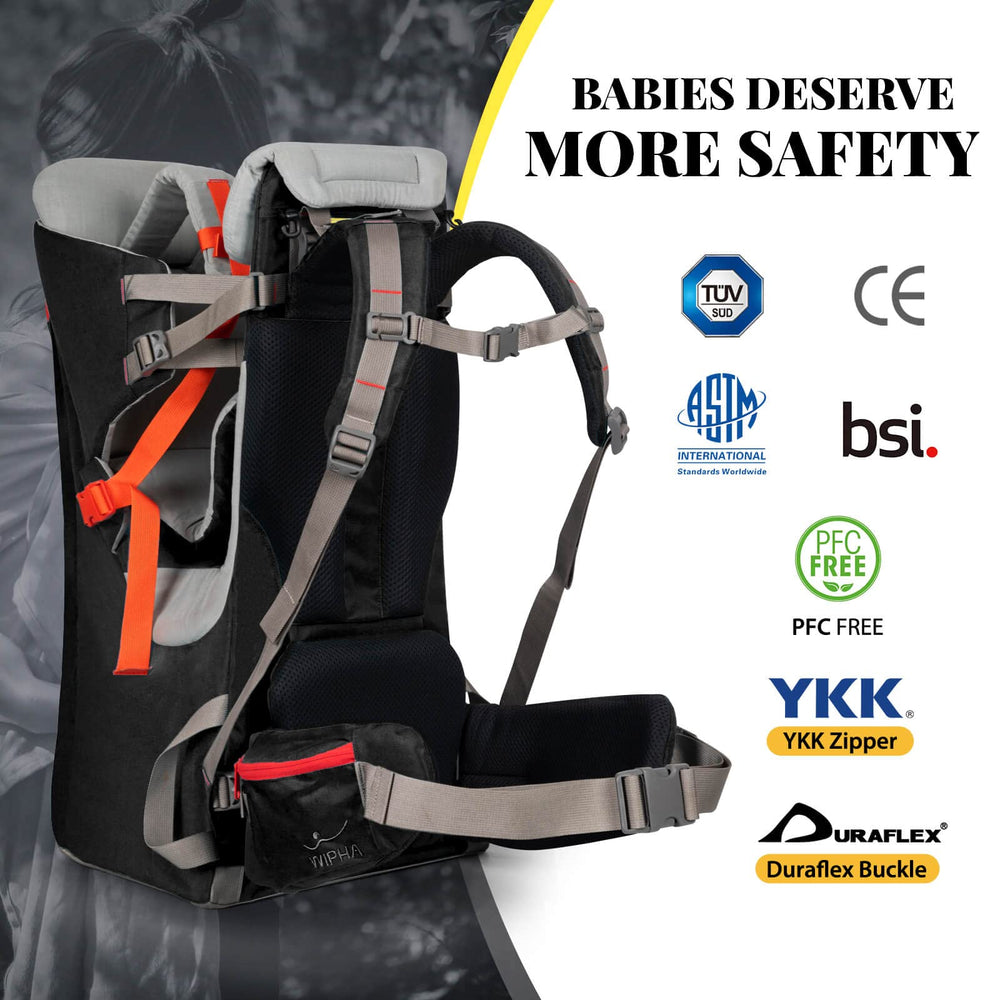 Baby Backpack Carrier, Ergonomic Child Carrier Hiking with Sun Canopy, Safe Toddler Hiking Backpack Carrier with Large Storage Space&Insulated Pocket, Adjustable Padded Child Seat, Black