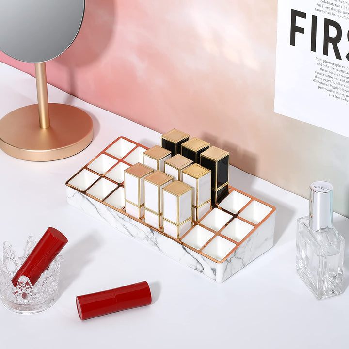 Lipstick Holder, 24 Slots Marble Lipstick Organizer Display Stand with Unique Gold-stamping Edges, Cosmetics Storage Display Case for Lipstick, Lip Gloss, Brushes, White Marble (P723314097671)
