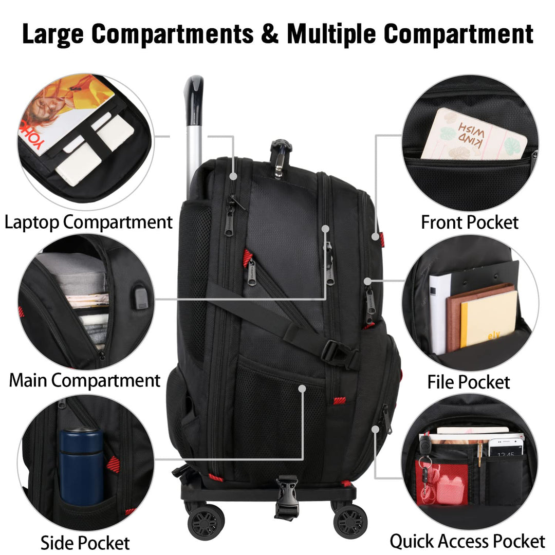 Rolling Backpack with Wheels, Backpack on Wheels for Adults with USB Charging Port, 17 inch Wheeled Roller Laptop Backpack for Travel Business College, Gifts for Men Women, Black