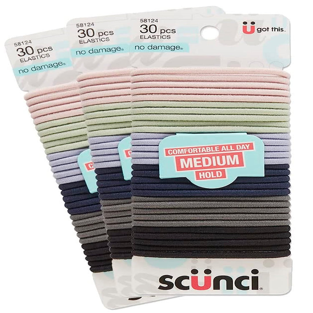 Scünci® No-Damage® Medium-Hold Elastic Stretch Nylon Hairbands in Assorted Pastel, Bright, and Neutral Colors (Colors May Vary), 30 Count (Pack of 3)