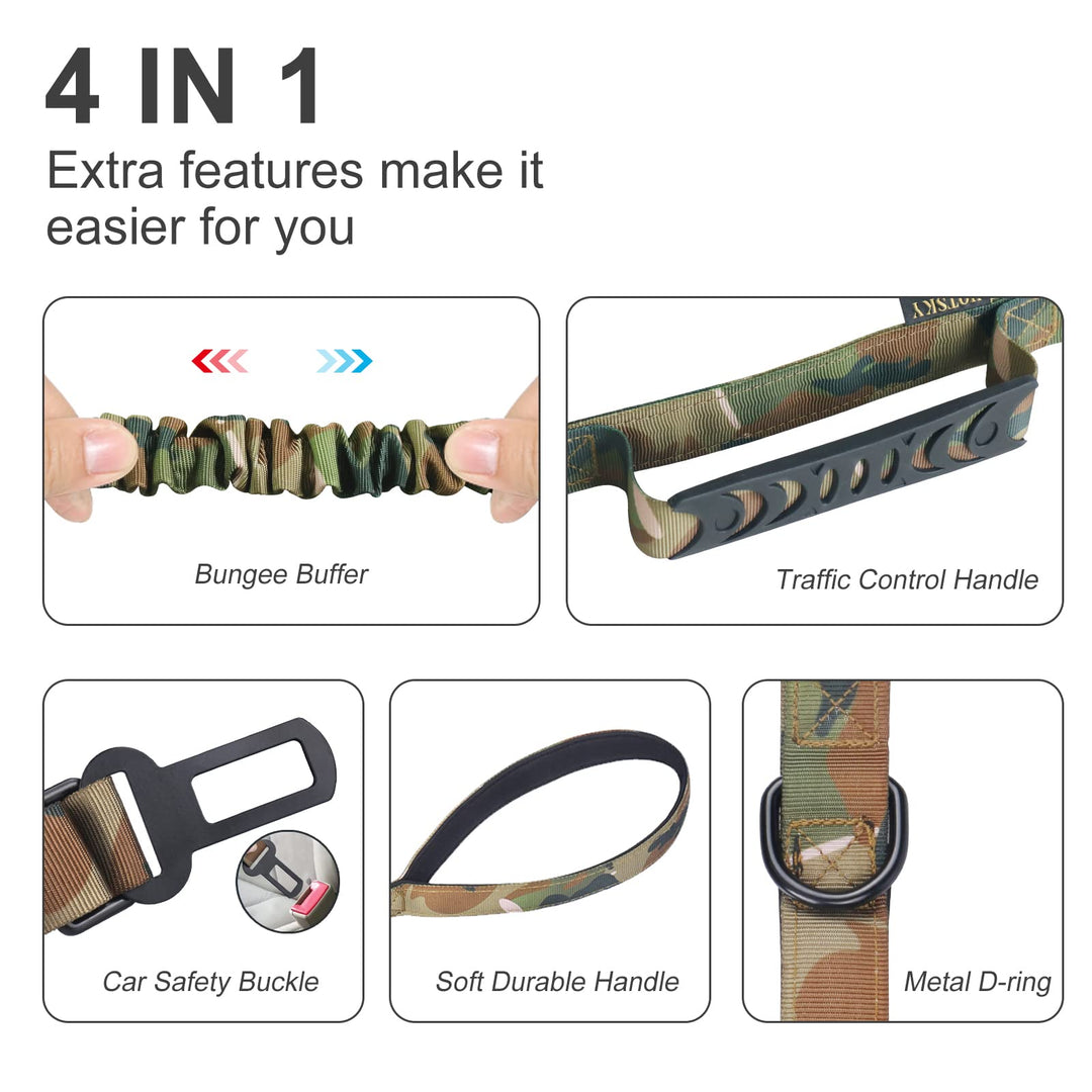 Heavy Duty Dog Leash,Military Dog Leash with Car Seat Belt and Double Handle for Large Dogs Up to 800lbs, 4-6ft Shock Absorbing Retractable Strong Dog Leashes for Training and Walking,Camo