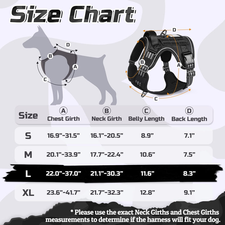Tactical Dog Harness for Large Dogs, No Pull Military Service Vest with Handle & Molle, Easy Control for Training Walking, Adjustable Reflective Straps, Black, L