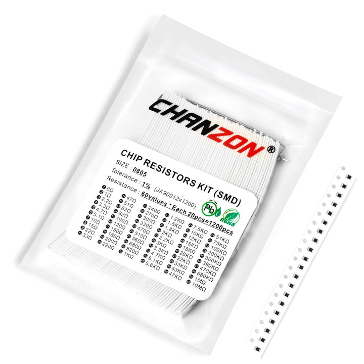 Chanzon 1200pcs 0805 SMD Resistor Kit 0-10M O ohm 60 Values (Each Value 20pcs) 1/8W 0.125W ±1% Tolerance Thick Film 0-10MR SMT Chip Resistors Rohs Certificated