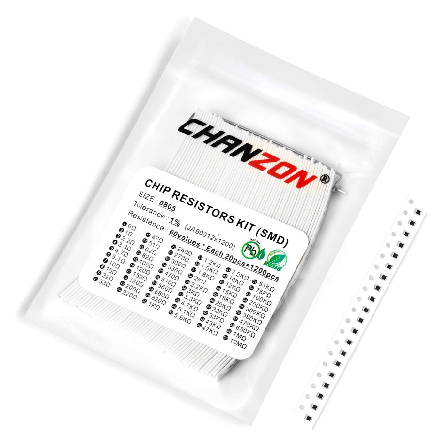 Chanzon 1200pcs 0805 SMD Resistor Kit 0-10M O ohm 60 Values (Each Value 20pcs) 1/8W 0.125W ±1% Tolerance Thick Film 0-10MR SMT Chip Resistors Rohs Certificated