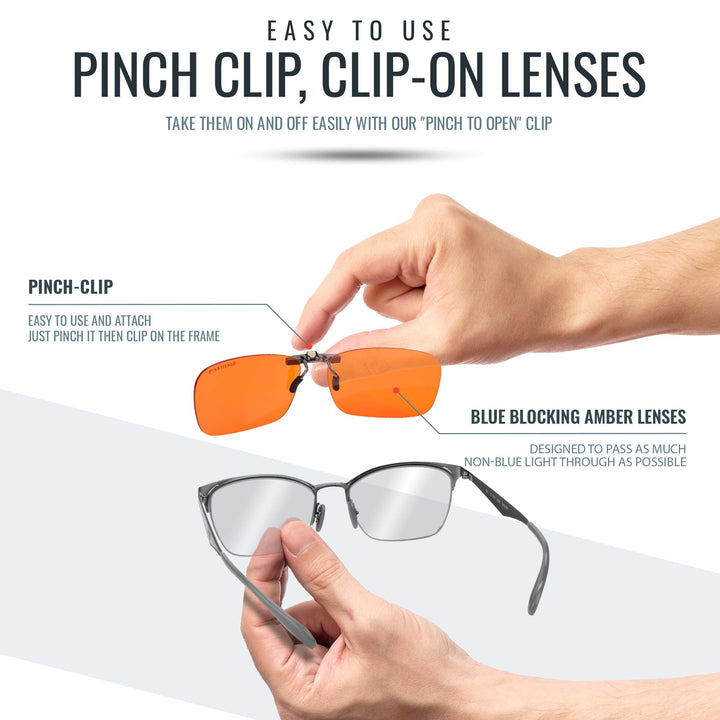 Blue Light Blocking Clip On Glasses - 99.9 Percent Effective Computer Glasses for Men & Women, Durable Lightweight, Reduce Eyestrain, Headaches and Improve Sleep (Nighttime Lens)