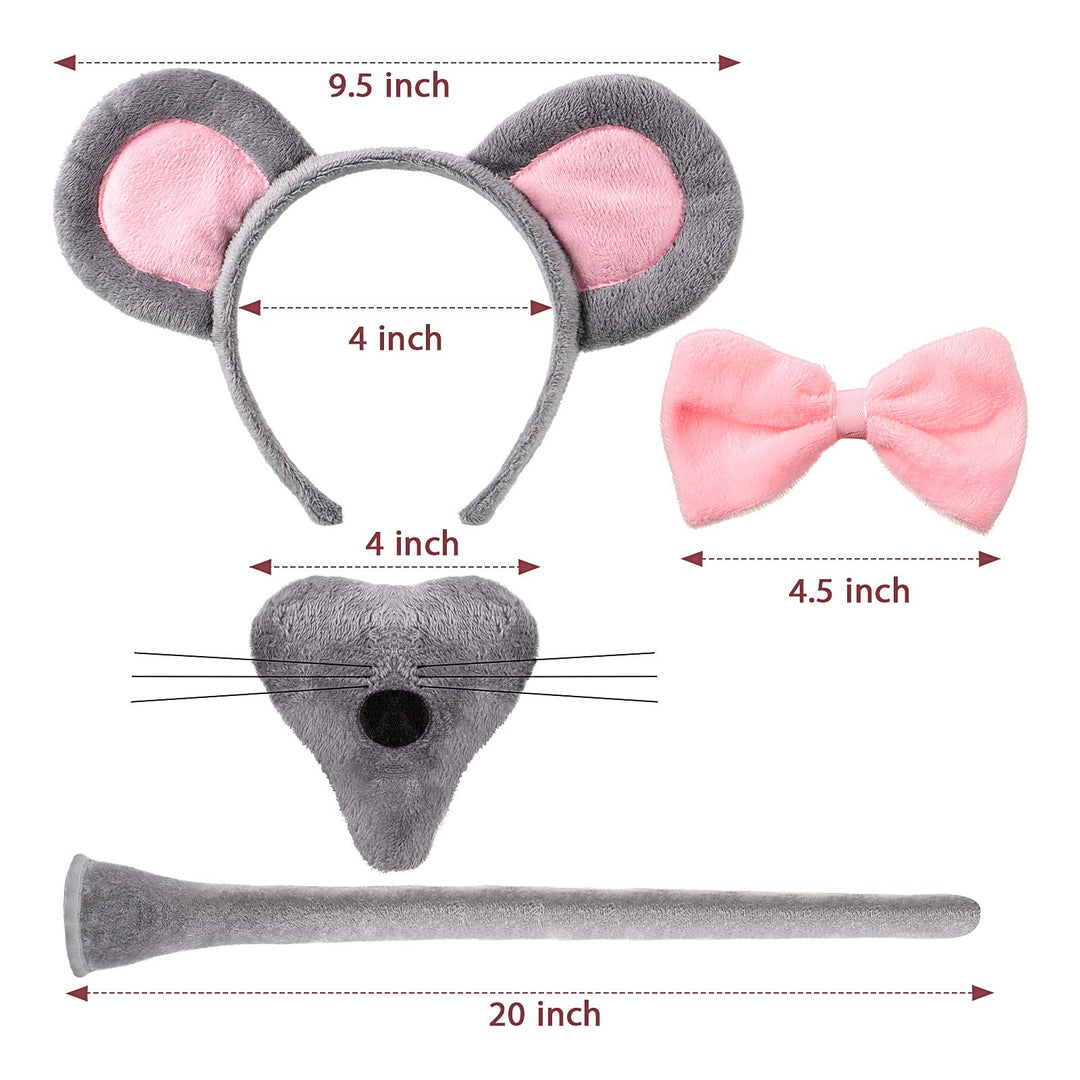 Kids Mouse Costume Set Mouse Tutu Skirt Animal Ears Nose Bow Tie Tail Tutu Skirt Fancy Costume Accessories Halloween(Gray)