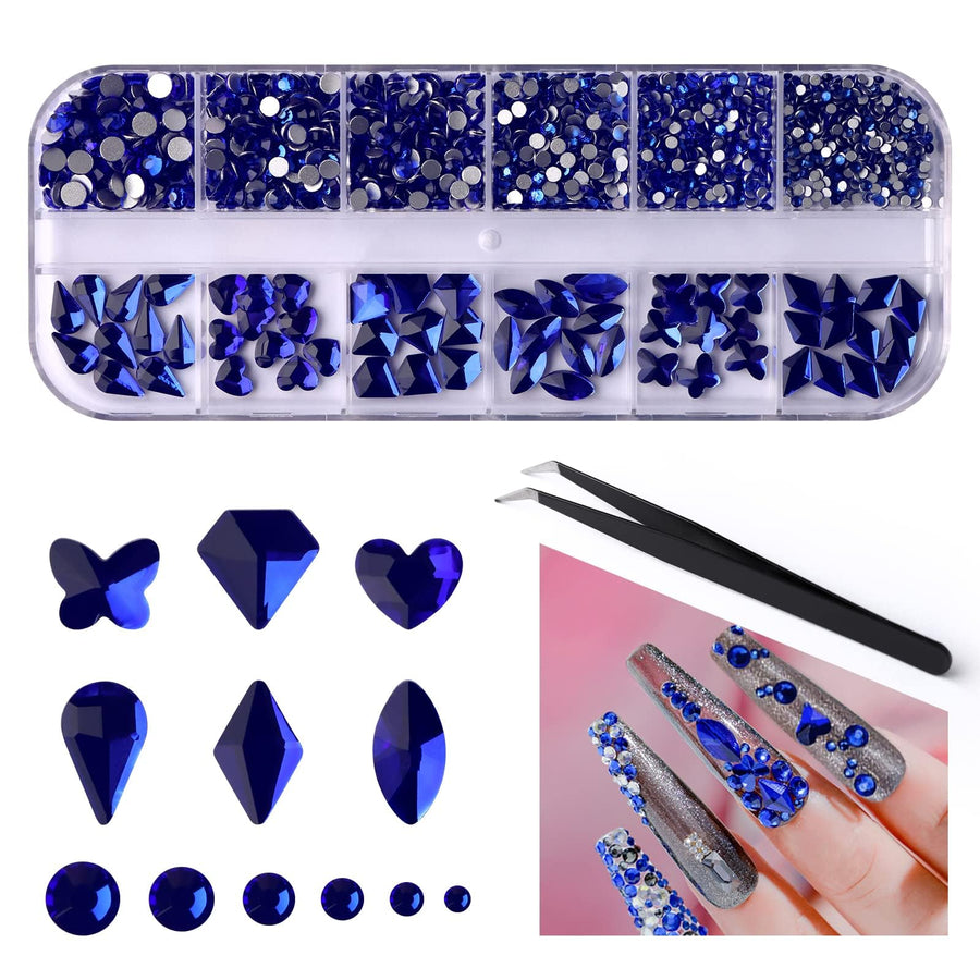Dark Blue Nail Rhinestones Hearts Butterfly Shaped Nail Art Crystals Diamonds Flat Back Rhinestones Diamond Nail Gems with Tweezers