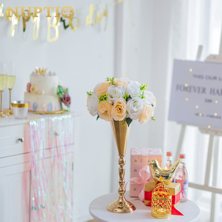 10 Pcs Tabletop Gold Metal Wedding Flower Trumpet Vase, 16.5 inch Table Decorative Centerpiece Artificial Flower Arrangements for Anniversary Ceremony Party Birthday Event Home Decoration (Gold)
