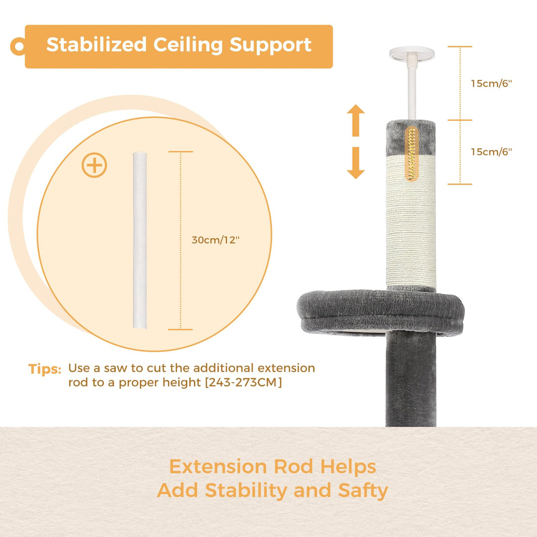 Cat Tower 5-Tier Floor to Ceiling Cat Tree Height(95-107 Inches) Adjustable, Tall Climbing Tree Featuring with Scratching Post, Cozy Bed,Interactive Ball Toy for Indoor Cats/Kitten Grey