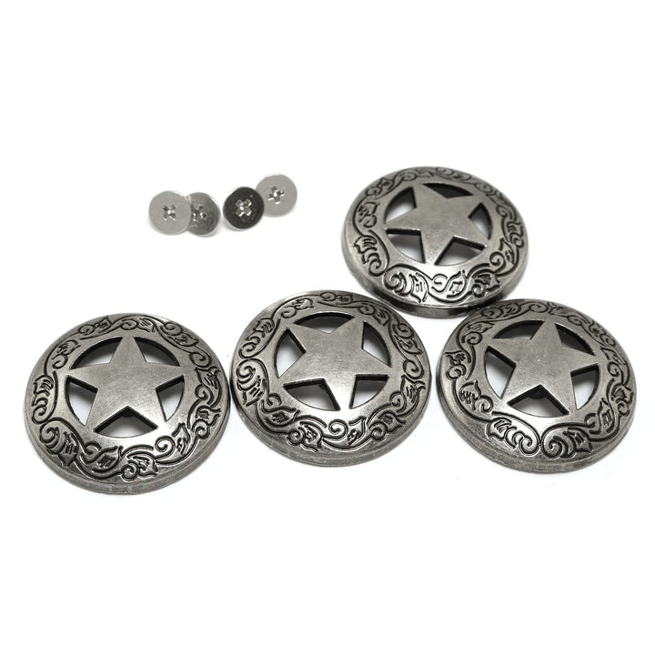 4pcs 1-1/8 Silver Raised Star Engraved Concho with Silver Roped Edge 1/4 Screw Back