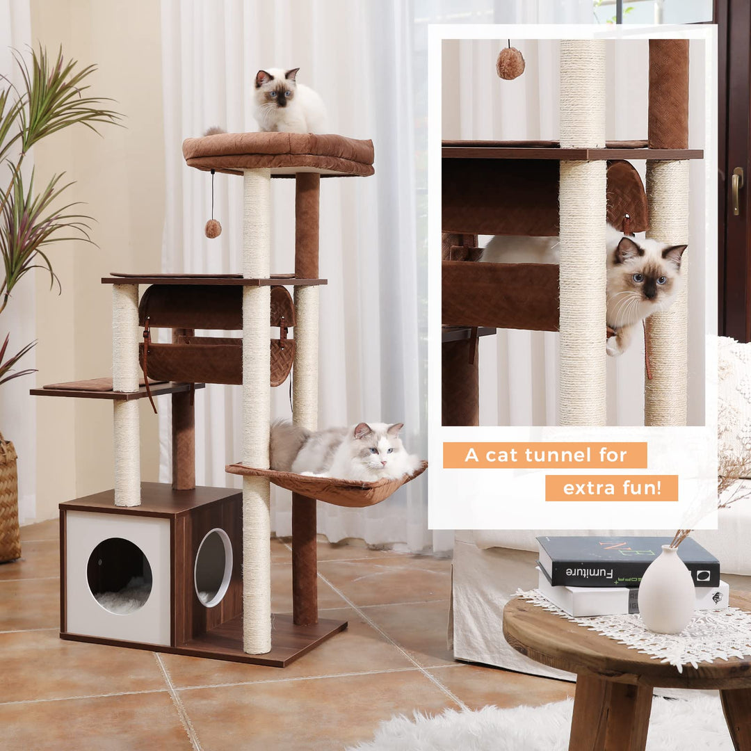 51.4 Inches Modern Cat Tree Premium 6 Levels Wooden Cat Tower with Fully Sisal Covered Scratching Posts, Cozy Condo, Spacious Perch, Super Large Hammock and Swing Tunnel for Indoor Cats Brown