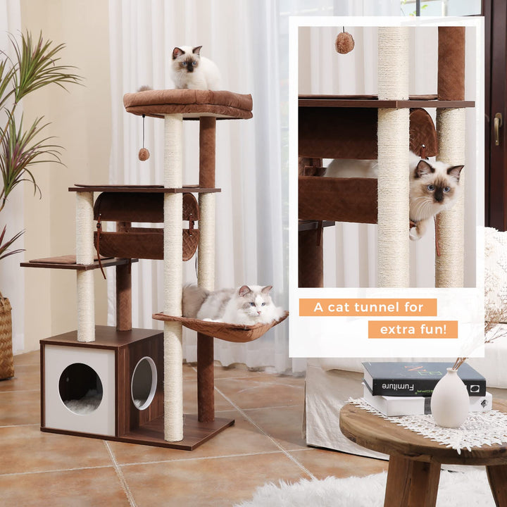 51.4 Inches Modern Cat Tree Premium 6 Levels Wooden Cat Tower with Fully Sisal Covered Scratching Posts, Cozy Condo, Spacious Perch, Super Large Hammock and Swing Tunnel for Indoor Cats Brown
