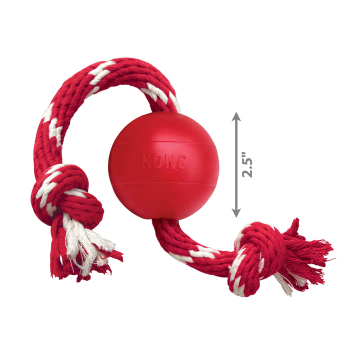 Ball with Rope - Durable Fetch Toy with Rope for Easy Throwing - For Tug, Playtime & More - Natural Rubber - Red - For Small Dogs
