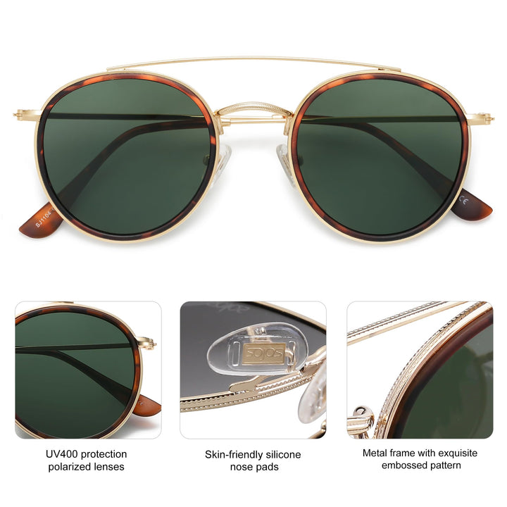 Retro Vintage Round Polarized Sunglasses for Women Men Small Double Bridge Circle Sunnies SJ1104, Brown Tortoise/Green