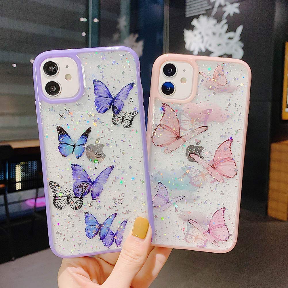 iPhone 11 Case Glitter Butterfly Sparkle Case for Women Girls,Cute Slim Soft Silicone Gel Bling Phone Case Cover Compatible for Apple iPhone 11 - Purple Butterfly