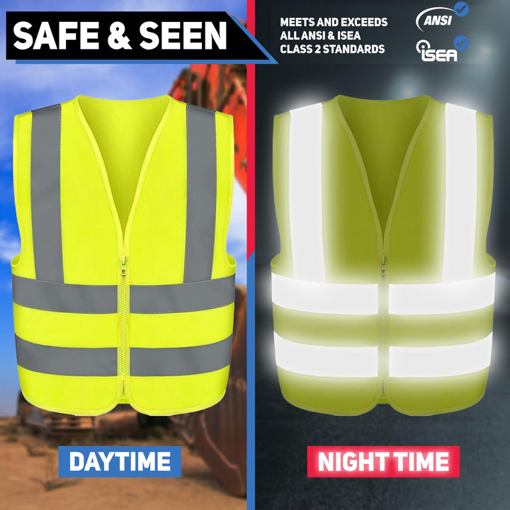 Neiko 53942A High Visibility Safety Vest with Reflective Strips | Size X-Large | Neon Yellow Color | Zipper Front | For Emergency, Construction and Safety Use