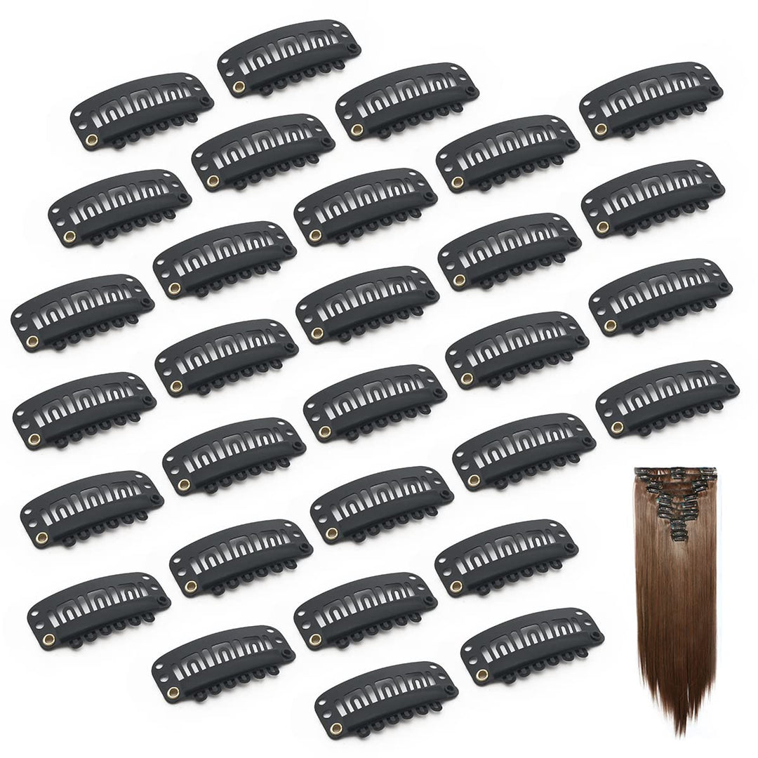 30 Pack Black Stainless Steel Wig Clips, 6-Teeth Snap Combs Clips With Rubber For Hair Extension