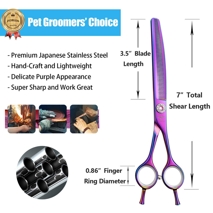 7 Inch Downward Curved Dog Grooming Scissors Thinning Texturizing Shears Professional Safety Blunt Tip Trimming Shearing for Dogs Cats Face Paws Limbs Japanese Stainless Steel Purple