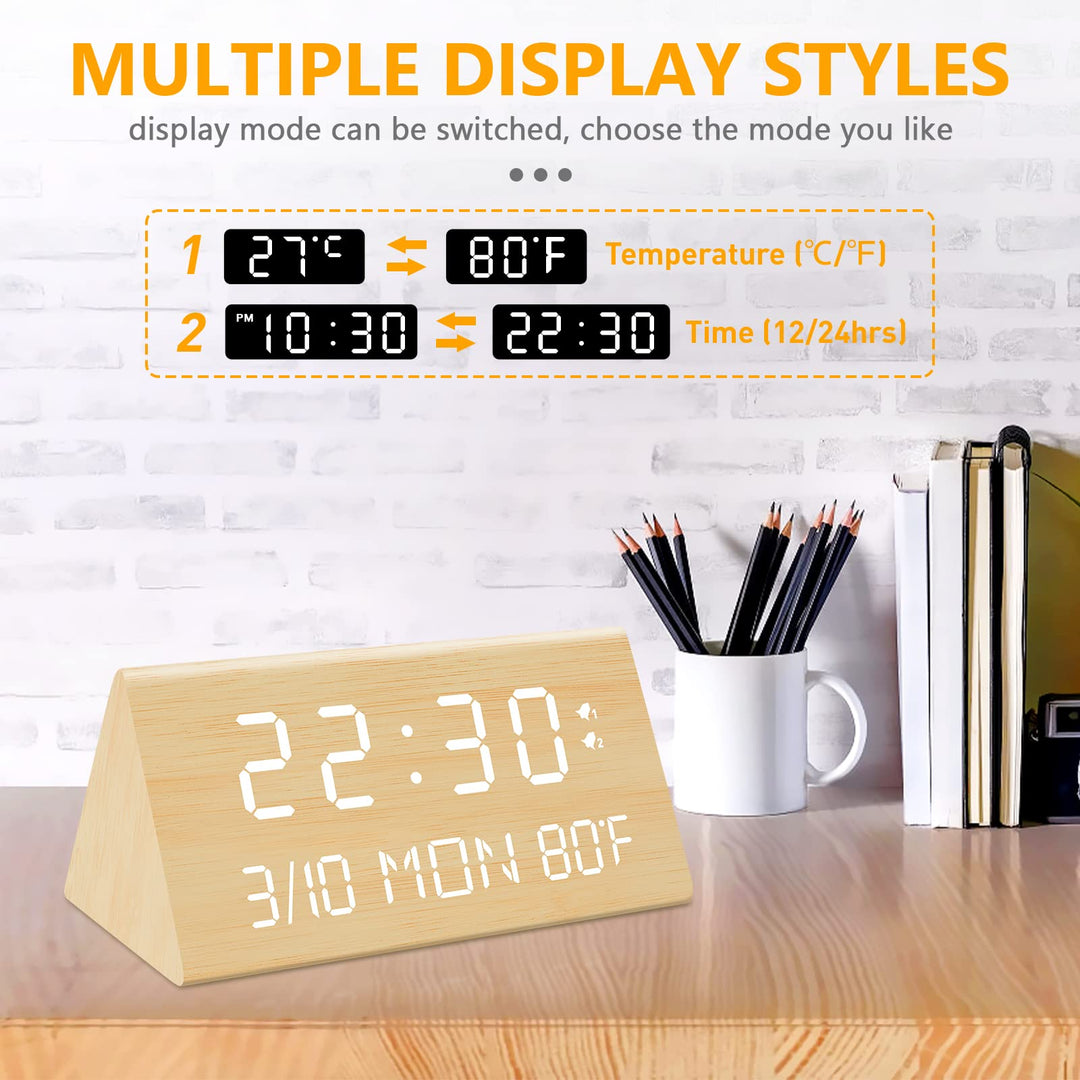 Wooden Digital Alarm Clock, 0-100% Dimmer, 2 Alarm Settings, Weekday/Everyday Mode, 9 Mins Snooze, 12/24H, Temperature and Date Display for Office, Travel, Bedroom Alarm Clock (Bamboo)