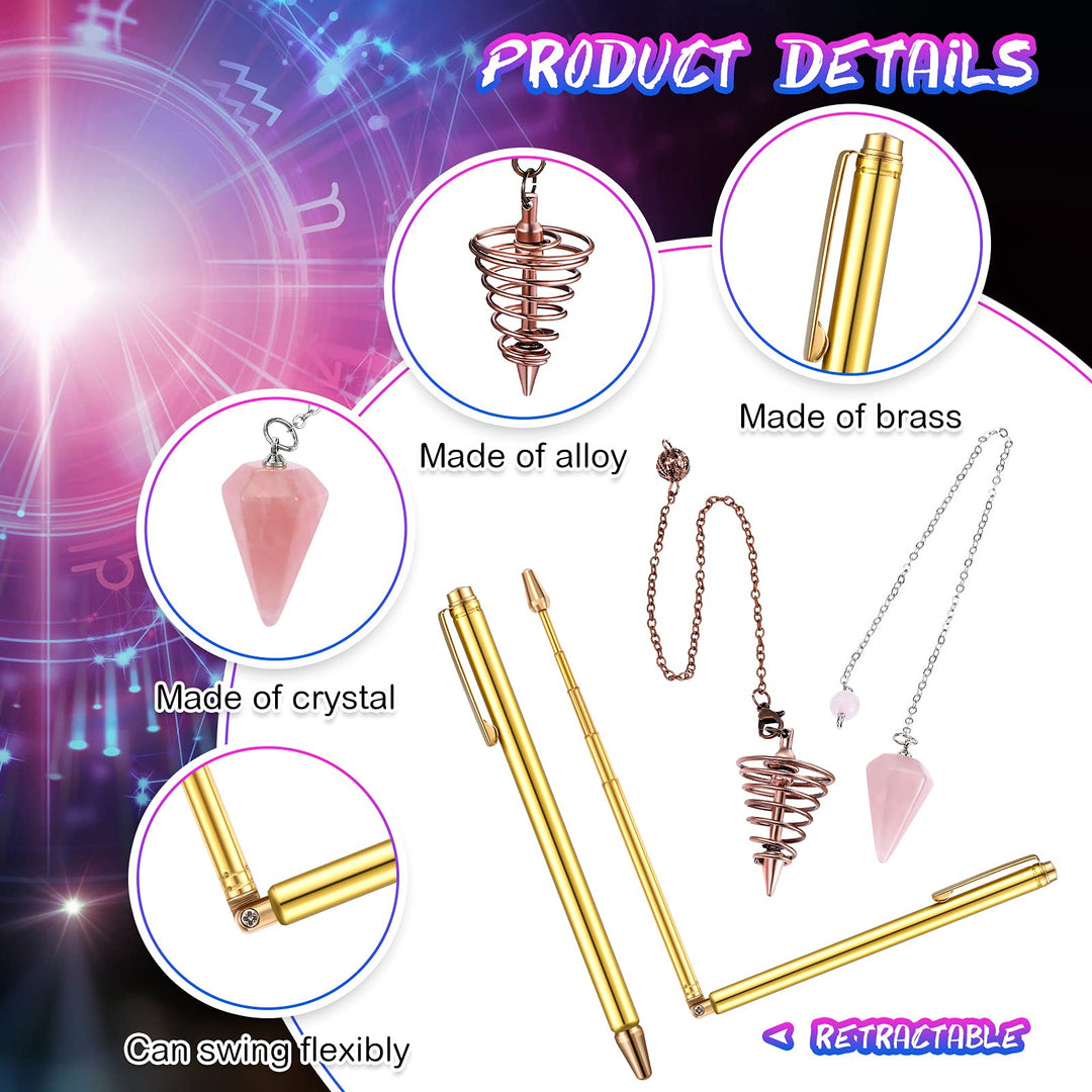 4 Pcs Brass Divining Rods and Dowsing Pendulums Set Include 2 Retractable Paranormal Dowsing Rods with Brass Handle and 2 Dowsing Pendulums for Hunting Treasure, Divining Water, Finding Items