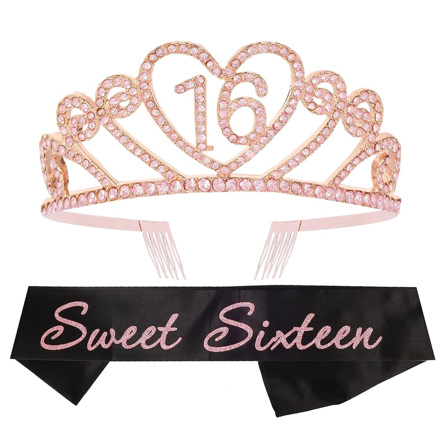 16th Birthday Tiara and Sash Pink, 16th Birthday Gifts for Girl, Happy 16th Birthday Party Supplies,16 & Fabulous Glitter Satin Sash and Crystal Tiara Birthday Crown for 16th Birthday Party Supplies