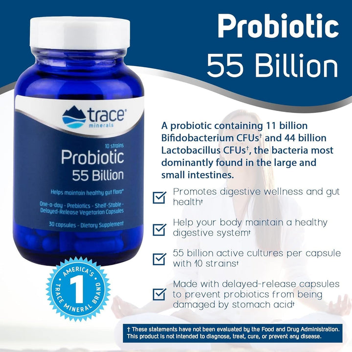 Probiotic 55 Billion - Gut Health Support Supplement with Probiotics & Prebiotics - Dietary Supplement to Support Healthy Gut Flora & Digestive Health - 30 Capsules (30 Servings)