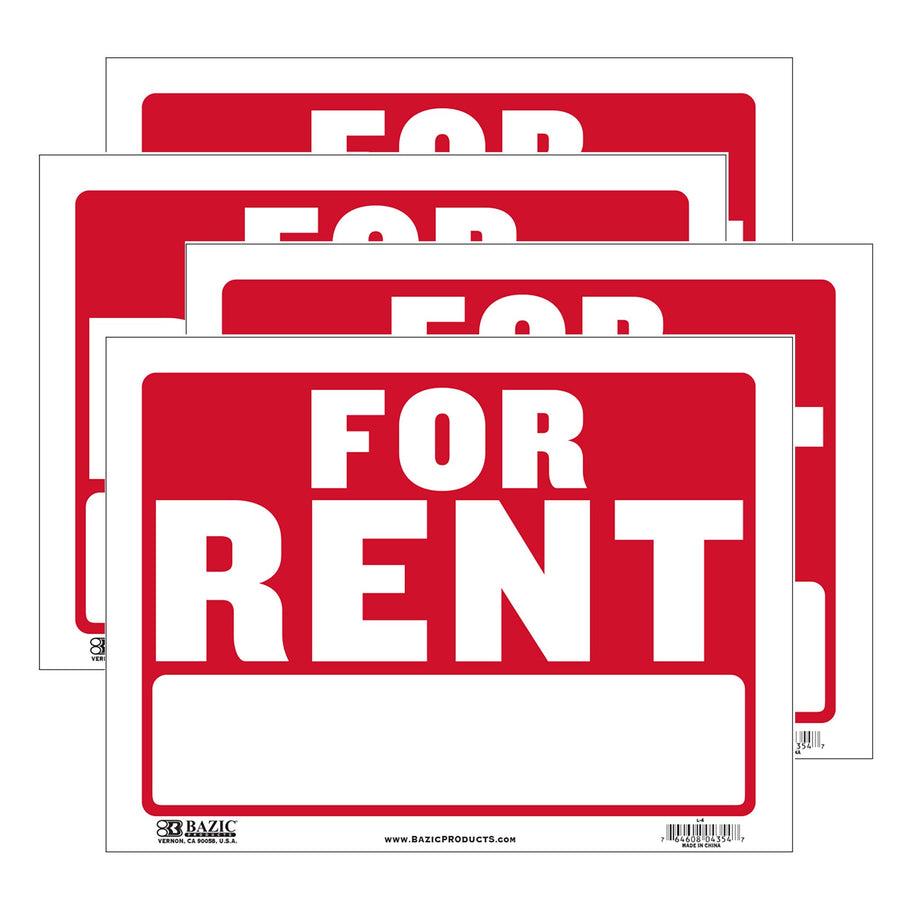 BAZIC For Rent Sign 9X12, For Rent Rental House Home Apartment Car Auto Store Shops Business Waterproof Indoor Signage, 4-Pack