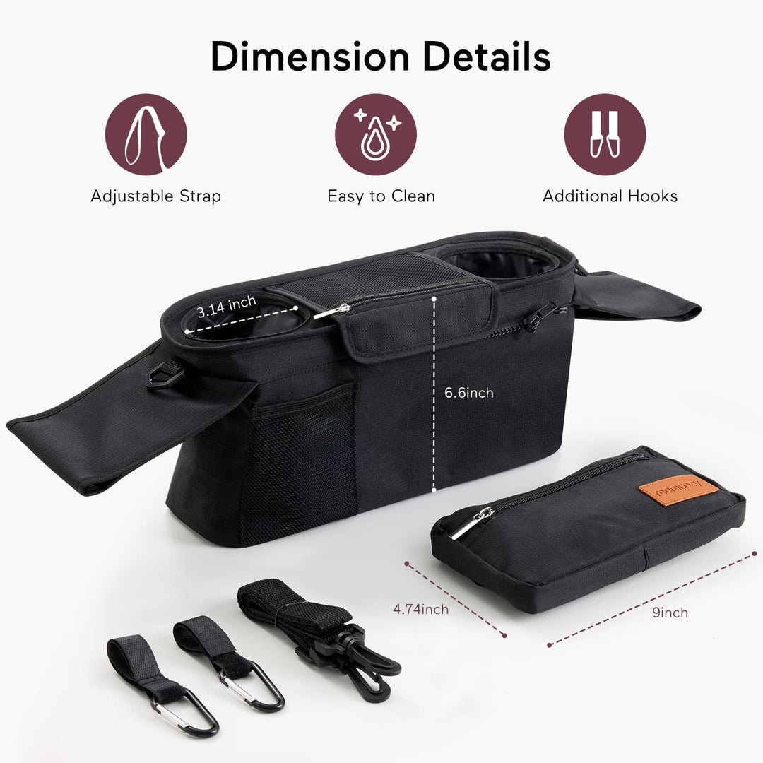 Stroller Organizer with Insulated Cup Holders, Detachable Phone Bag& Shoulder Strap, Fits for Universal Stroller Like Uppababy, Baby Jogger, Britax, Bugaboo, BOB, Umbrella and Pet Stroller